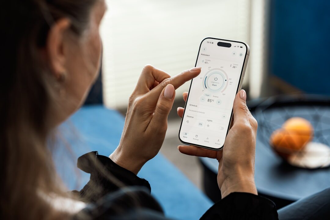 Woman using a smart home voice assistant device